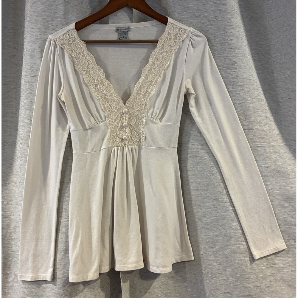 Vintage Body Central Y2K Empire Waist Babydoll Top Cream Lace V-Neck Small